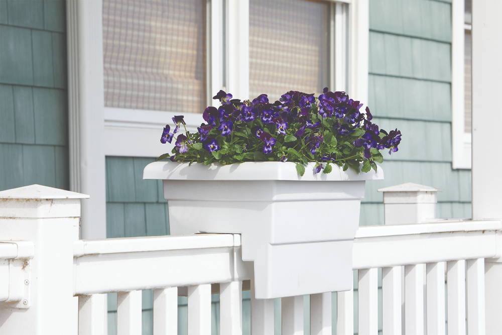 White railing planter with purple flowers on a front porch railing